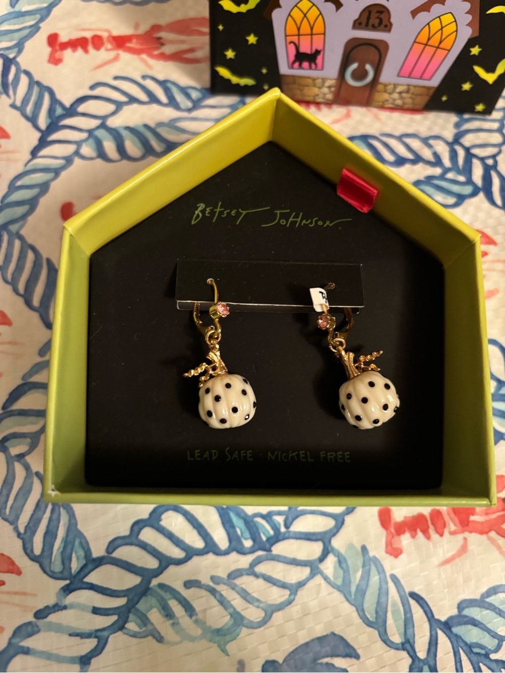 Betsey Johnson Pumpkin Polka Dot Drop Earrings with Pink Crystals